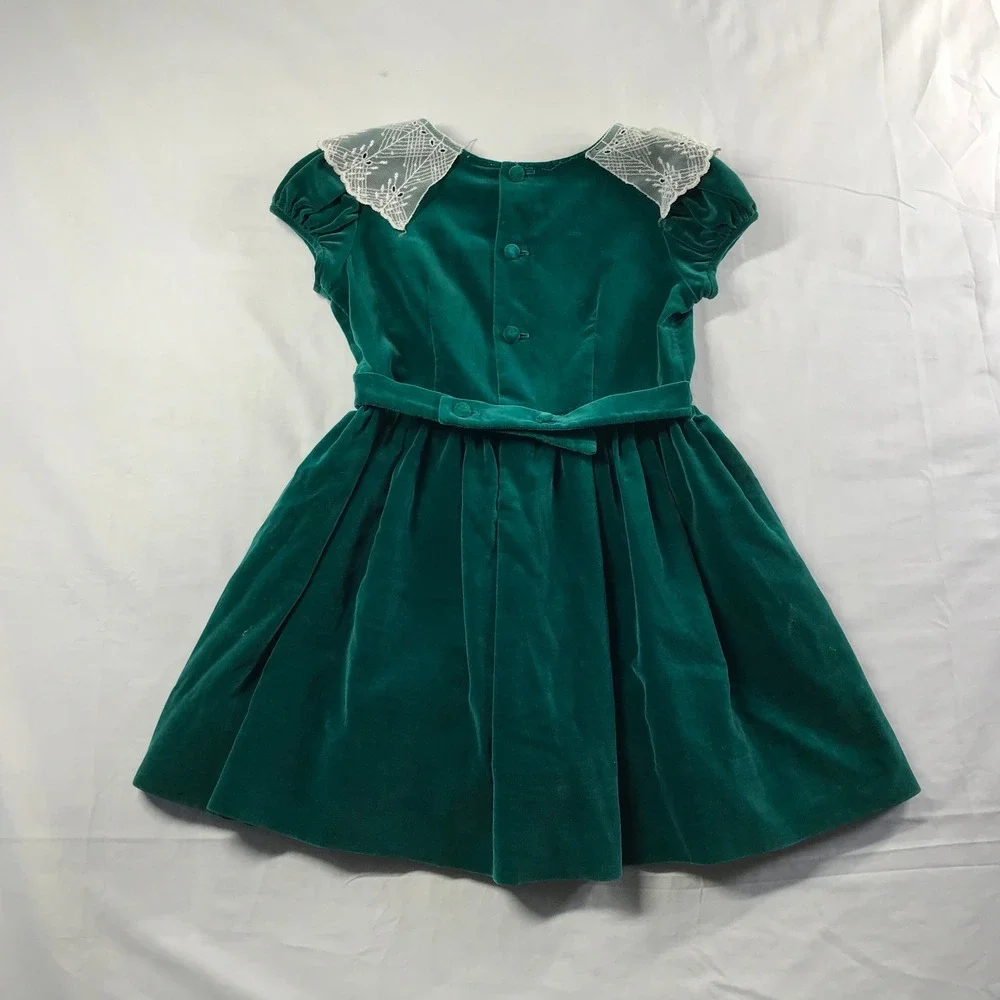 Vintage Celeste New York Girls Emerald Green Velvet Lace Collar Dress Holiday